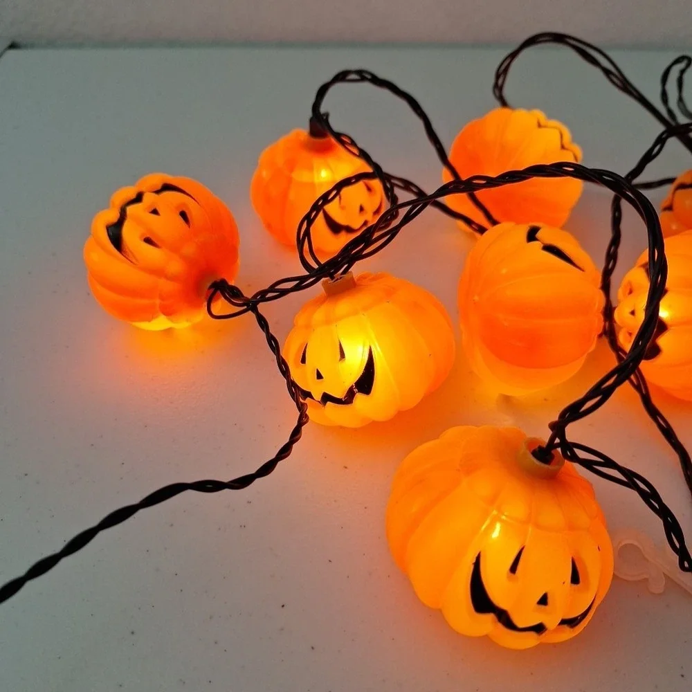 Vintage Pumpkin Blow Mold String Lights Jack-o-Lantern 10 Light Work